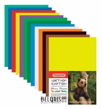 Картон цветной А4 Матовый, 24 листа 12 цветов