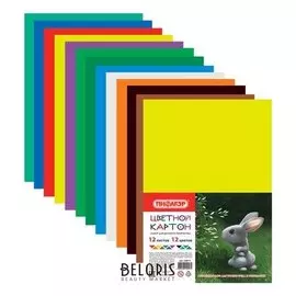 Картон цветной А4 Матовый, 12 листов 12 цветов