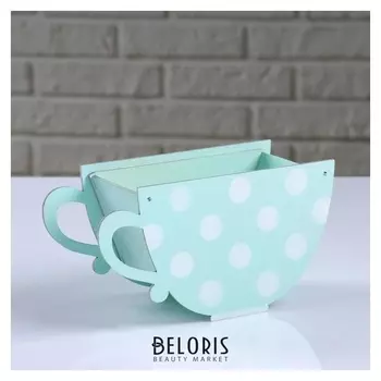 Кашпо деревянное "Чашка в горошек", мятный, 20×9×11 см