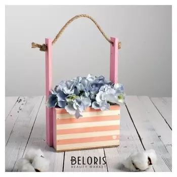 Кашпо флористическое с ручкой из верёвки «Розово-белые линии», розовое, 15 х 12 х 8,5 / 25 см