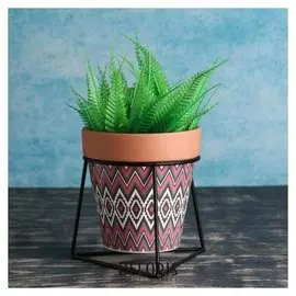 Кашпо керамическое терракот с цветным узором на треугольной мет. подставке 13*14см