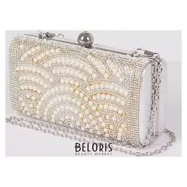 Клатч женский, отдел на фермуаре, длинная цепь, цвет серый с жемчужинами