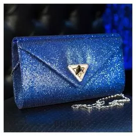 Клатч женский, отдел на клапане, длинная цепь, цвет синий