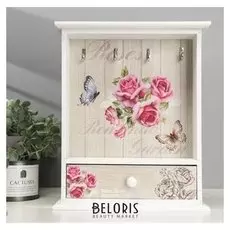 Ключница дерево 4 крючка с ящичком "Бабочки и розы" 32х26,3х7,3 см