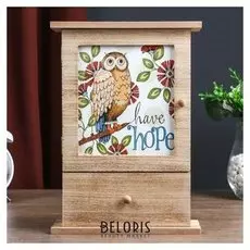 Ключница дерево 6 крючков с ящиком "Сова на ветке и сказочные цветы" 29,5х21х8 см