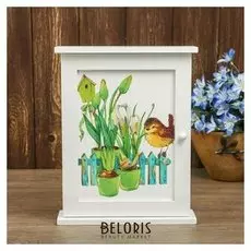 Ключница дерево 6 крючков "Воробей и цветы в горшочках" белая 28х22х6,5 см