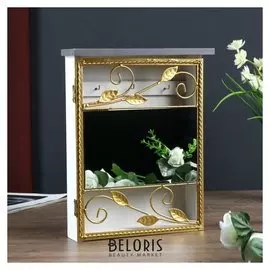 Ключница дерево 6 крючков+зеркало "Кованные листья" белая 25х21,5х6 см