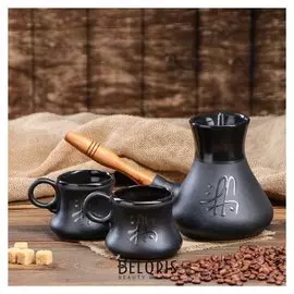 Кофейный набор 3 предмета, турка с деревянной ручкой, объём 0,65 л, чашка 0,2 л