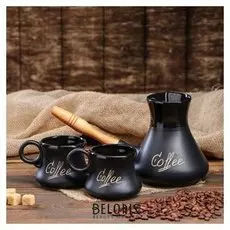 Кофейный набор "С деревянной ручкой" 3 предмета, объем турки 0,6 л, чашки 0,2 л
