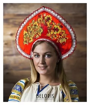 Кокошник "Хохлома принт" красный атлас