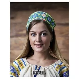 Кокошник "Роспись" синяя, на ленте пм6