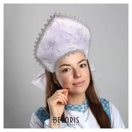 Кокошник снежинки серебряные на белом атлас,поролон