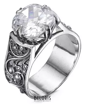 Кольцо "Ажур" с камнем, посеребрение с оксидированием, 17,5 размер