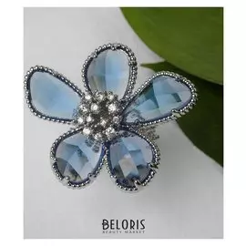 Кольцо "Цветок" волшебство, цвет бело-синий в серебре, безразмерное