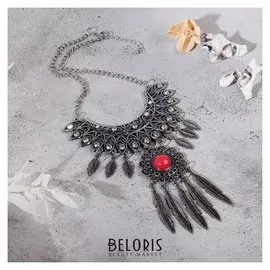 Колье "Ажурные перья" круг, цвет красный в чернёном серебре, L=35 см