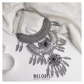 Колье "Одиссея" перья, цвет чёрный в чернёном серебре