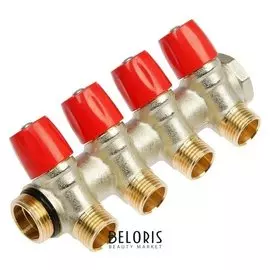 Коллектор GF, с вентилями, 3/4" х 1/2" 4 выхода, никелированный
