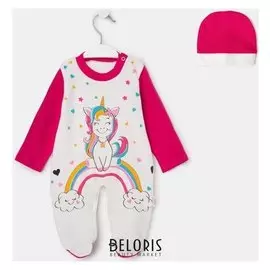 Комбинезон с шапочкой, цвет белый/фуксия, рост 74 см (9 мес.)