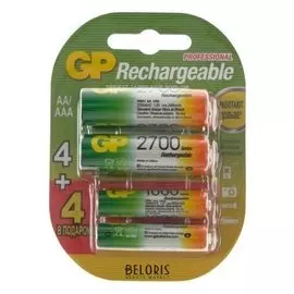 Комплект аккумуляторов GP, Ni-mh, AA, Hr6-4bl, 2700 мАч + Aaa, Hr03-4bl, 1000 мач, бл.,8 шт