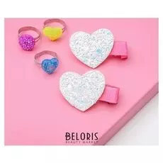 Комплект детский 3 кольца, 2 заколки "блестки" Сердце