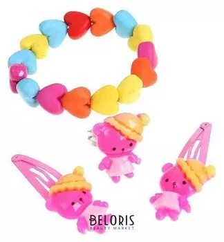 Комплект детский 4 предмета: 2 заколки, браслет, кольцо "Сердечки"