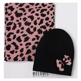 Комплект для девочки (Шапка, снуд), цвет черный/леопард, размер 46-50