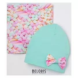 Комплект для девочки (Шапка, снуд), цвет мятный/маршмеллоу, размер 46-50