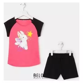 Комплект (Футболка, шорты) для девочки, цвет розовый/зайки, рост 122