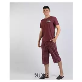 Комплект мужской (Футболка, бриджи), цвет бордовый меланж/клетка, размер 58