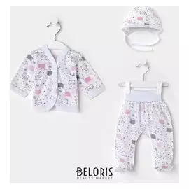Комплект (Распашонка, ползунки, чепчик), цвет белый/котики, рост 62 см