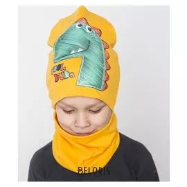 Комплект (Шапка,снуд) динозавр, цвет горчица, размер 46-50