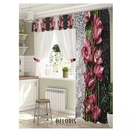 Комплект штор для окон с балконной дверью «Орхидея на стекле» штора (147х267 см) тюль (294х160 см) ламбрекен (290х40 см)