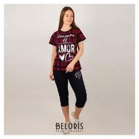 Комплект женский (Футболка, бриджи), цвет красный, размер 50