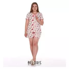 Комплект женский (Футболка, шорты), цвет бежевый/цветы, размер 56