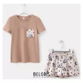 Комплект женский (Футболка, шорты), цвет бежевый, размер 44