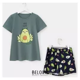 Комплект женский (Футболка, шорты), цвет зелёный, размер 52