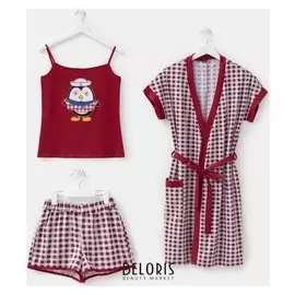 Комплект женский (Майка, шорты, халат), цвет бордо, размер 44