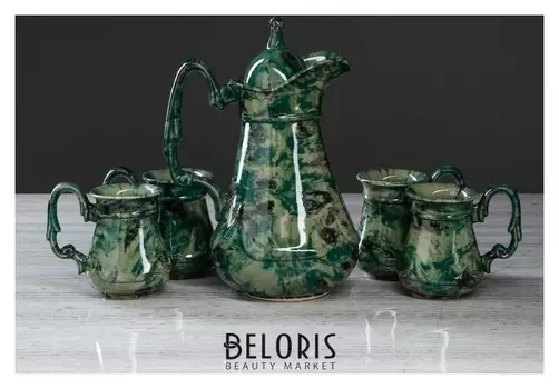 Компотный набор "Бажовские мотивы", под малахит, цвет зеленый, 5 предметов, кувшин 2 л, 4 чашки 0.3