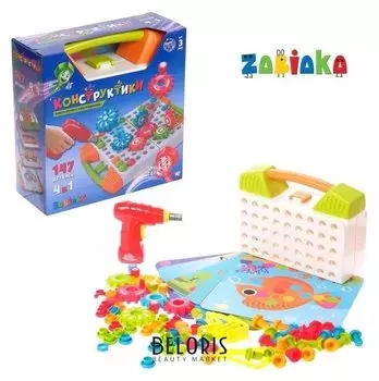 Конструктор винтовая мозаика «Пуговки шестеренки», 3 в 1, с шуруповёртом, 147 деталей