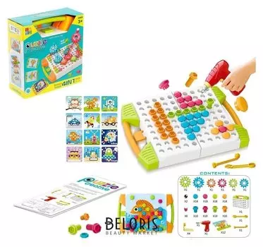 Конструктор винтовая мозайка «Пуговки шестеренки», 3 в 1, с шуруповертом, 147 деталей