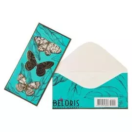 Конверт для денег "Бабочки" конгрев, тиснение фольгой, бирюзовый фон