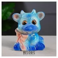 Копилка "Бычок бантик", символ года 2021, глазурь, голубая, 20 см
