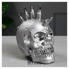 Копилка "Череп ирокез" серебро, 23 см