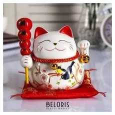 Копилка керамика "Кот манэки-нэко на коврике с колокольчиками" 12,5х13х10,5 см