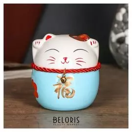 Копилка керамика "Манэки-нэко неваляшка с иероглифом счастье и удача" 10х9х9 см