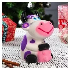 Копилка "Коровка лолли" флок, бело-сиреневая, 22 см