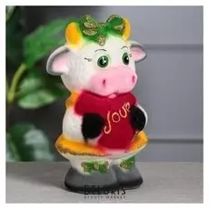 Копилка "Коровка с сердечком", символ года 2021, флок, белая, 24 см