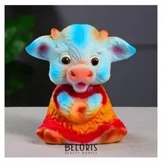 Копилка "Коровка в платьице", символ года 2021, флок, голубой, 21 см