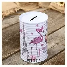 Копилка металл банка "Фламинго, цветы и париж" 12х8х8 см