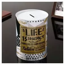 Копилка металл банка "Геометрия и надписи" с золотом 16х12х12 см